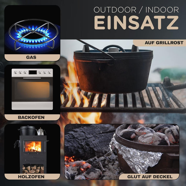 JAXX | 9 Liter Dutch Oven Set | Eingebrannter Feuertopf aus Gusseisen | Dutch Oven Zubehör inkl. Dec