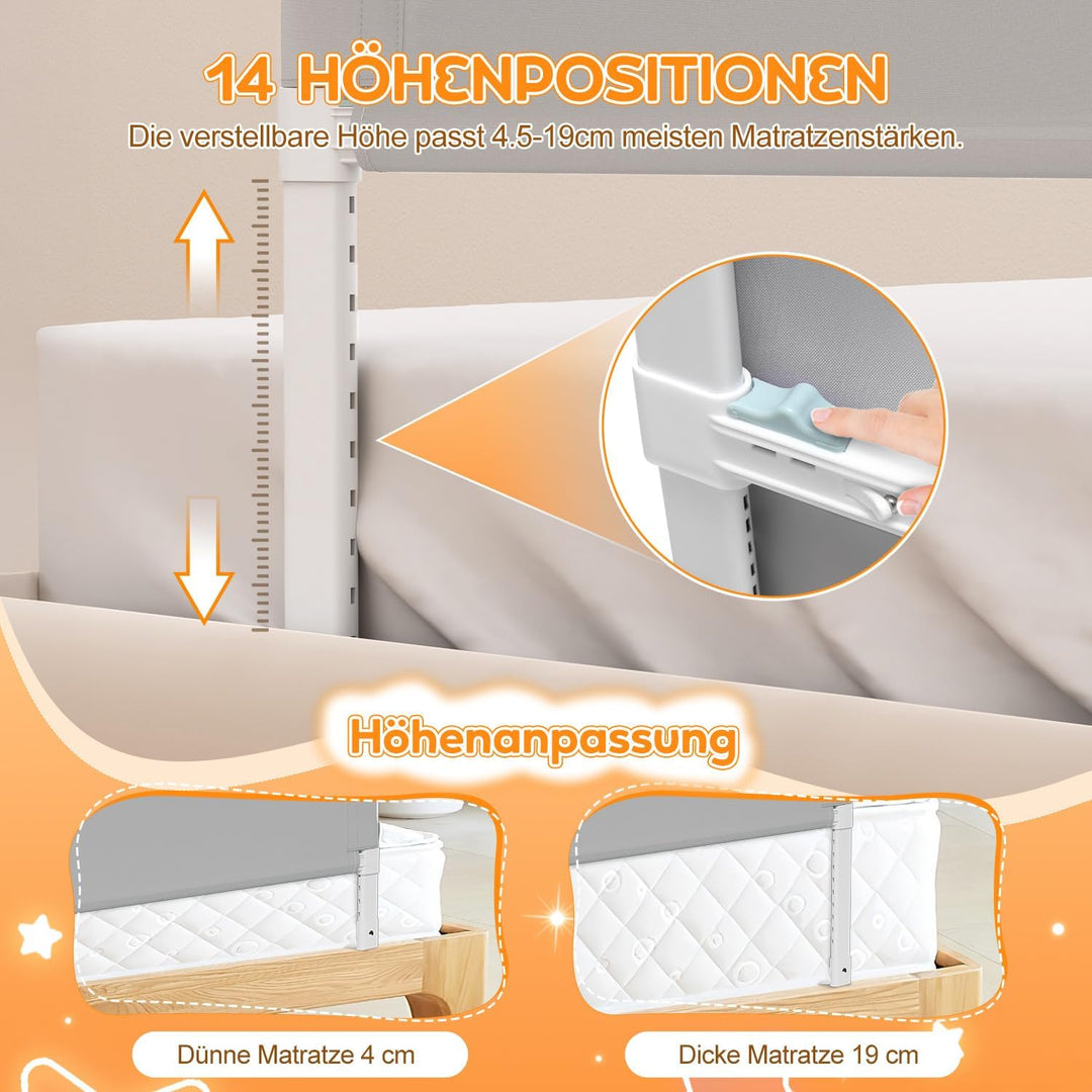 Rausfallschutz Bett, Rausfallschutz Boxspringbett, Bettgitter höhenverstellbar 72-86 cm, zusammenkla