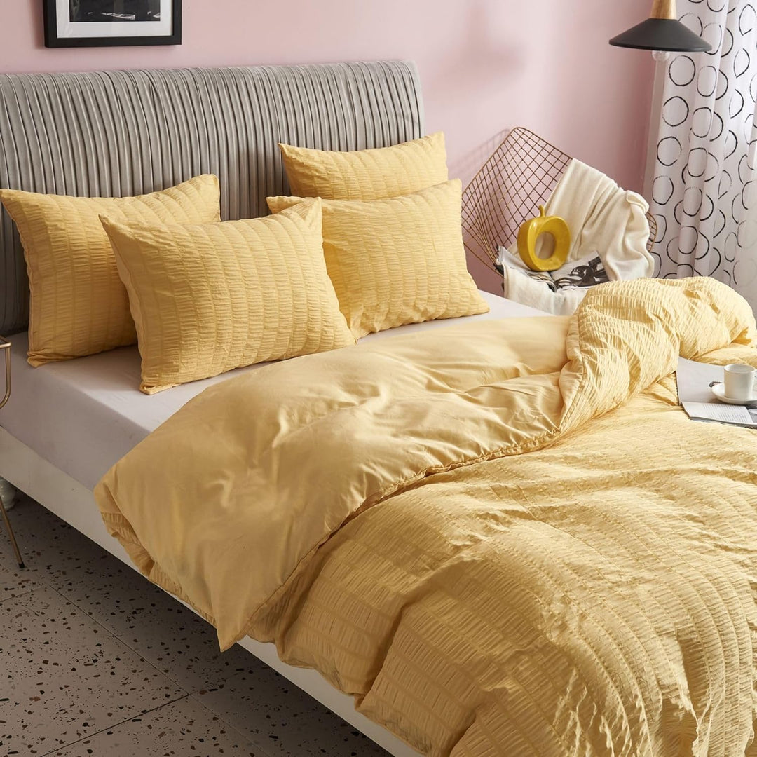 Freyamy Seersucker Bettwäsche 200x220cm 3teilig Gelb Geprägt Streifen Strukturiert Bettwaren-Sets Un