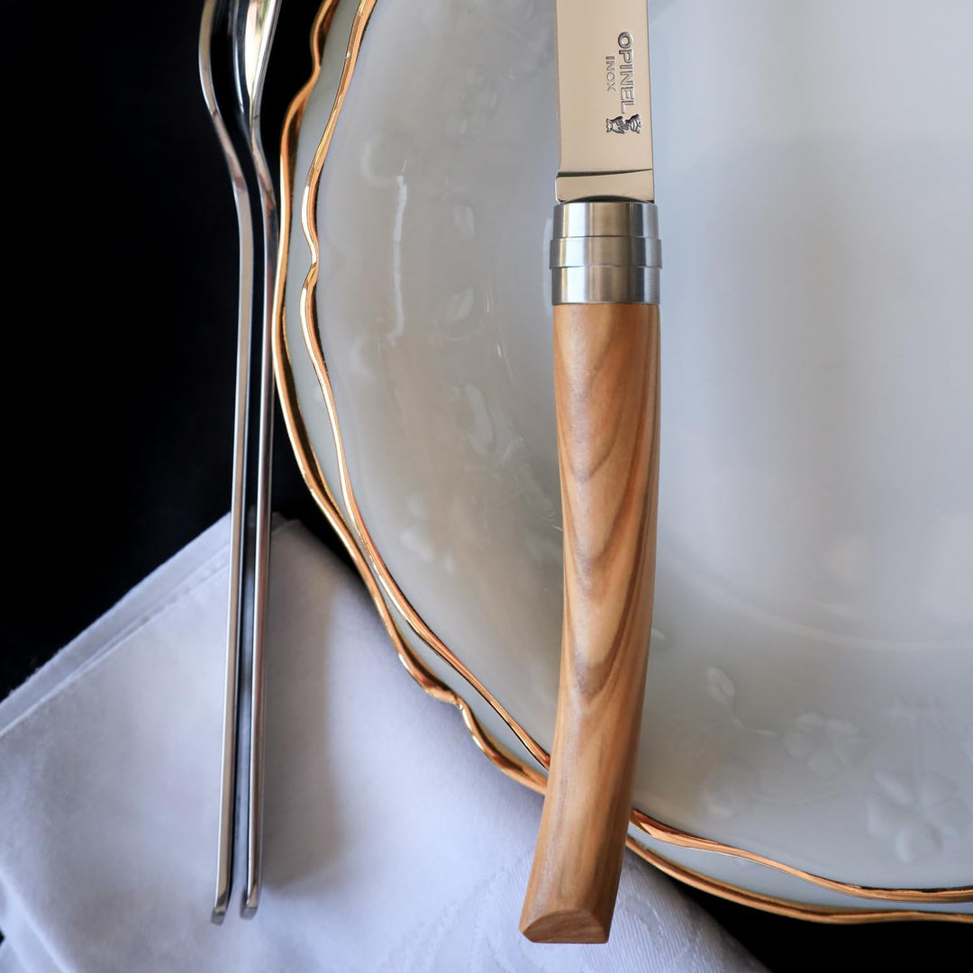 Opinel Table Chic Messer Set aus Olivenholz in der Farbe Braun, enthält 4 Messer, Klingenlänge: 10 c