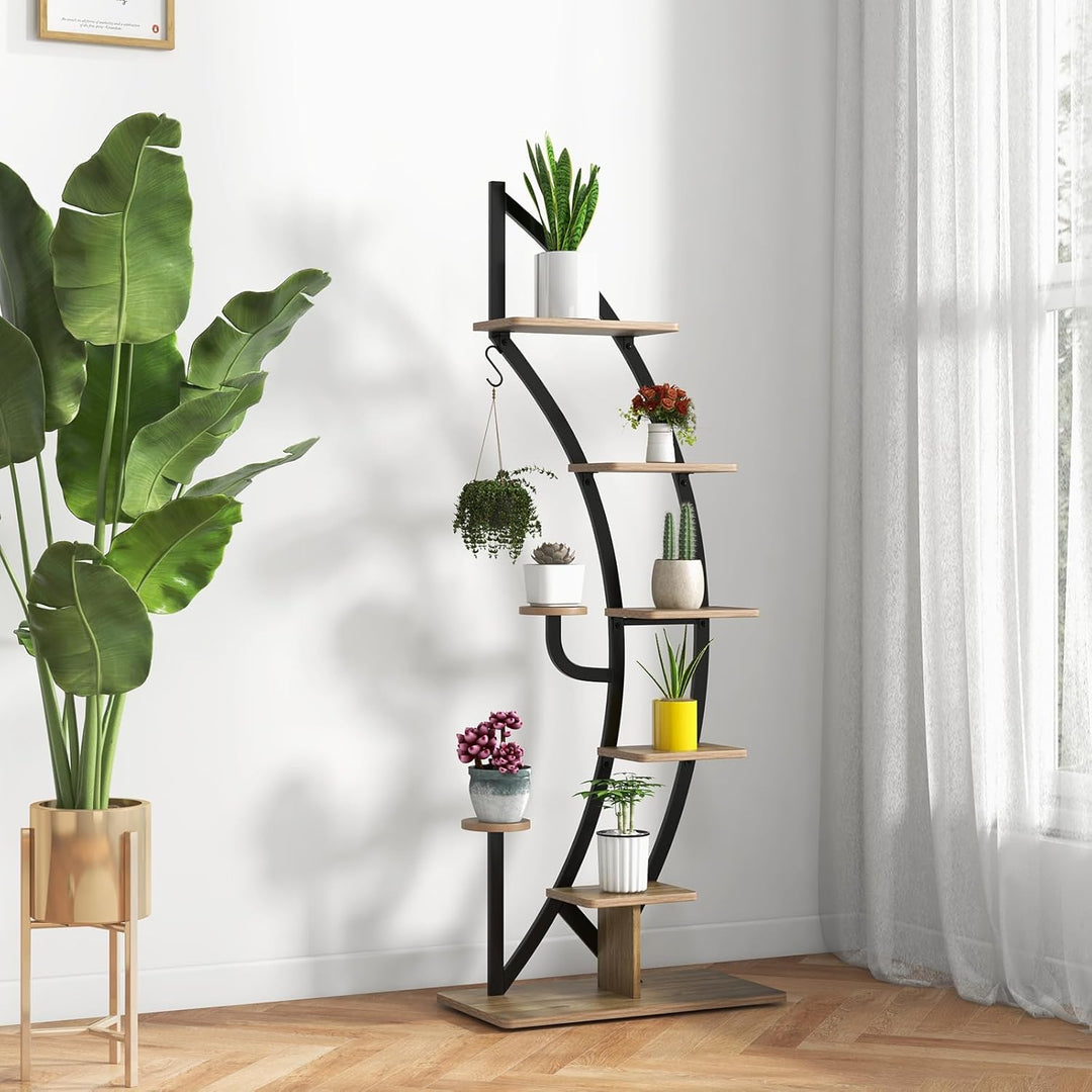 HOMASIS 6 Ebenen Pflanzenregal aus Metall, Blumenständer mit 7 Ablagen & 1 Haken, elegante Halbmondf