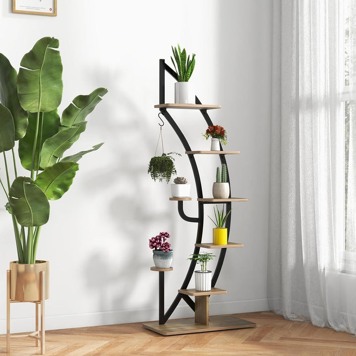 HOMASIS 6 Ebenen Pflanzenregal aus Metall, Blumenständer mit 7 Ablagen & 1 Haken, elegante Halbmondf