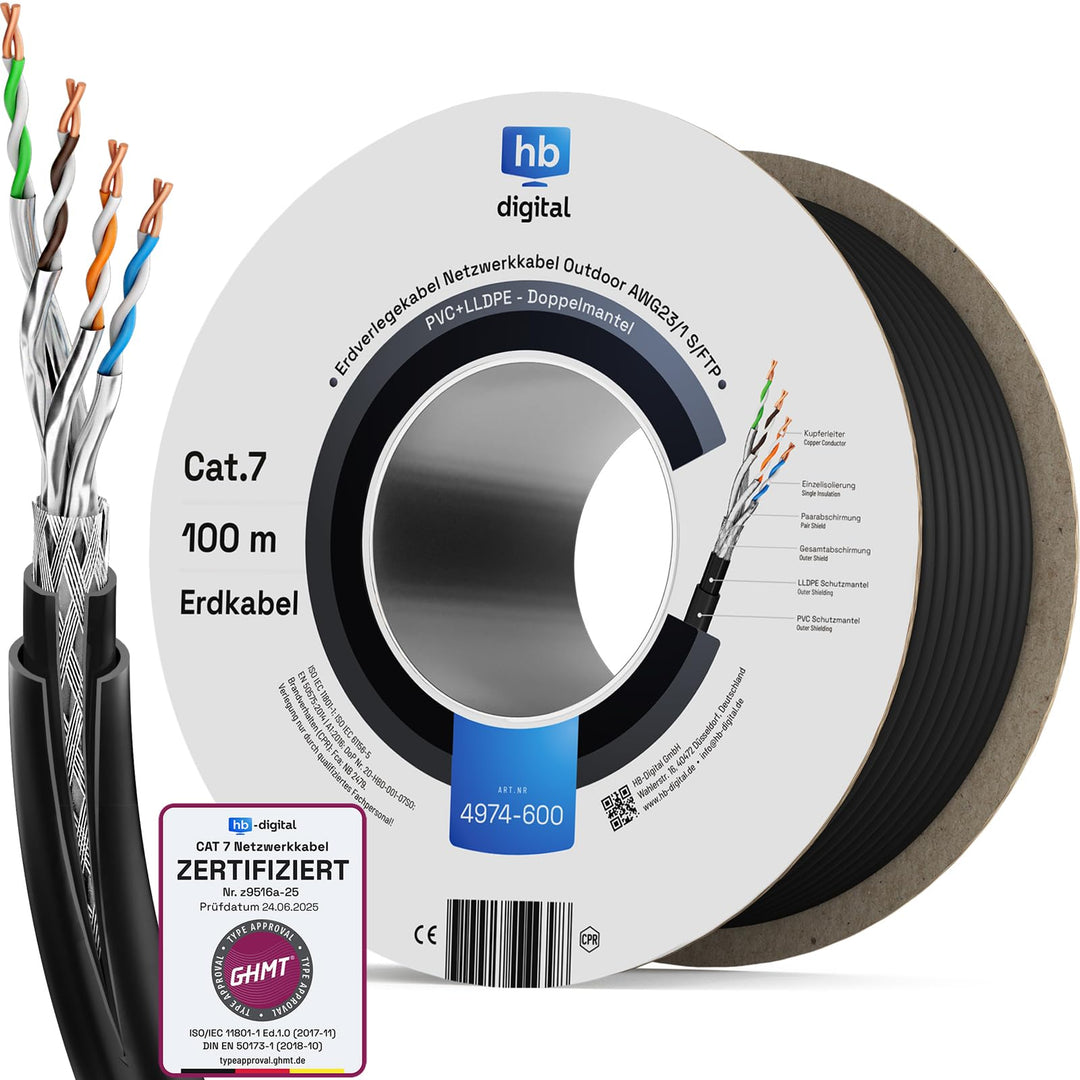 HB-DIGITAL 100m CAT 7 Outdoor Netzwerkkabel für direkte Erdverlegung S/FTP AWG23/1 reines Kupfer Dop