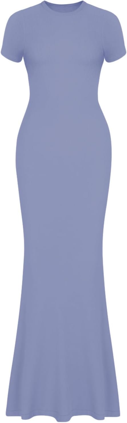 REORIA Damen Sommer Casual Lounge Langes Kleid Elegant Kurzarm Rundhalsausschnitt Figurbetontes Maxi