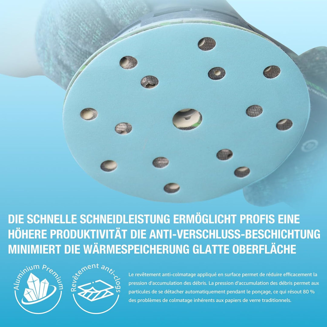 Schleifpapier 150mm Klettverschluss Blau 15 Loch 120 Körnung 50 Stück Keramik geeignet für Metall un