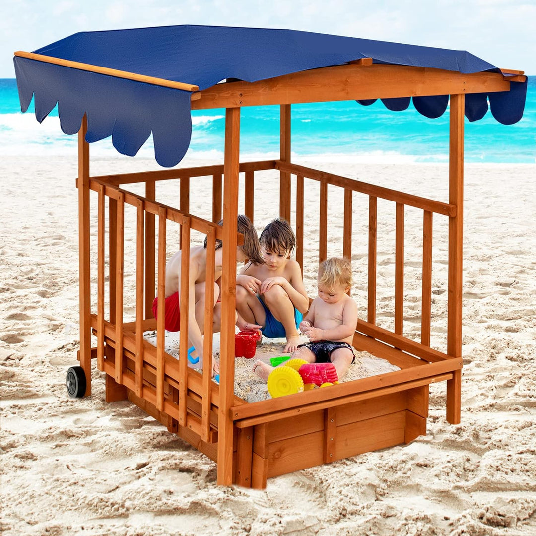 COSTWAY Sandkasten Holz, Spielveranda mit Sandbox, Abdeckung, Dach, Hinterräder, Geländer, rollbarer