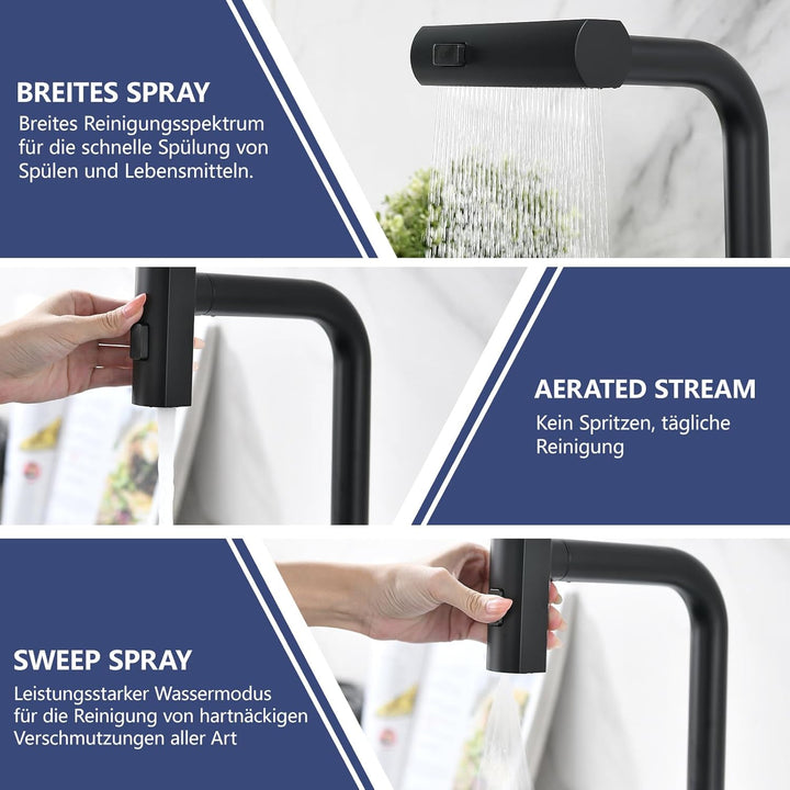 AIMADI Küchenarmatur ausziehbar Schwarz, Wasserhahn Küche mit 3-Wege-Duschbrause & 38cm Schlauch, Ei