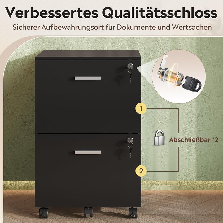 DEVAISE Rollcontainer mit 2 Schubladen, Abschliessbar Aktenschrank für Homeoffice, Rollcontainer Sch