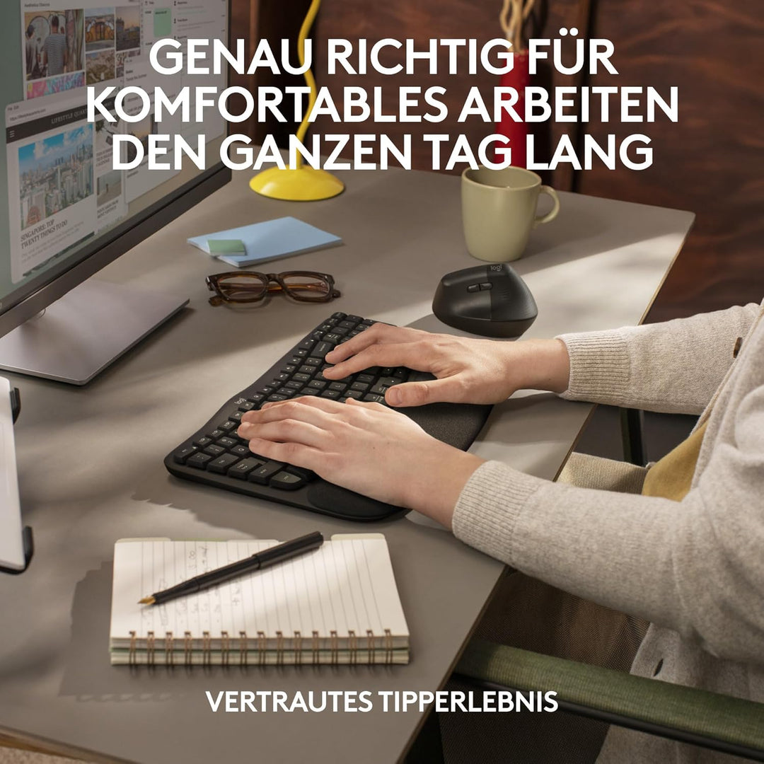 Logitech Wave Keys for Business, kabellose ergonomische Tastatur mit gepolsterter Handballenauflage,