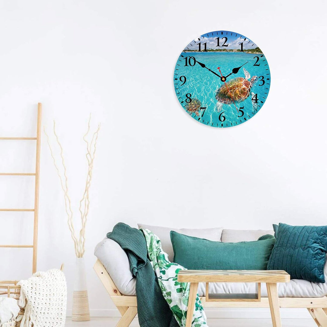 TAHEAT 30 cm Maritime Meer Schildkröte Wanduhr, Lautlos Geräuschlos Holz Uhren, Batteriebetrieben Mo