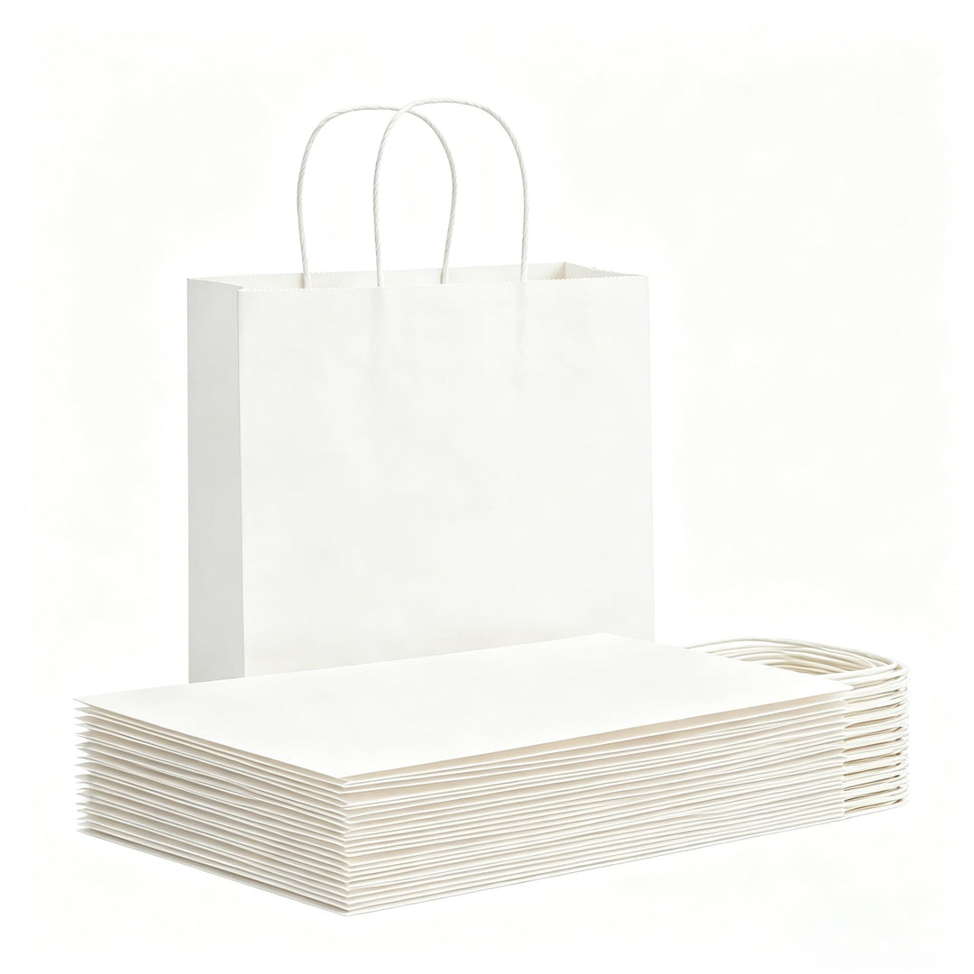 Weifeng 50 Stück Papiertüten Gross 21x11x27cm,Kraftpapiertüten mit Henkel, White Geschenktüten Papie