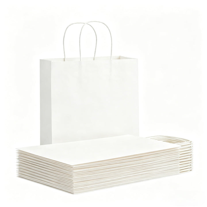 Weifeng 50 Stück Papiertüten Gross 21x11x27cm,Kraftpapiertüten mit Henkel, White Geschenktüten Papie