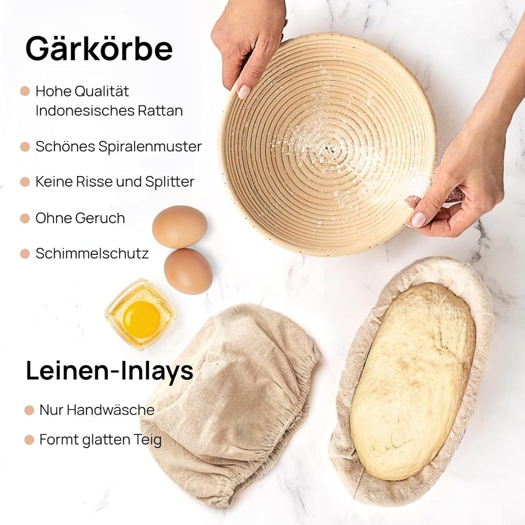 Brot Gärkorb Set aus 100% Rattan, 25cm Rund & 25cm Oval Gärkörbchen für Sauerteig Starter, Inkl. 2 B