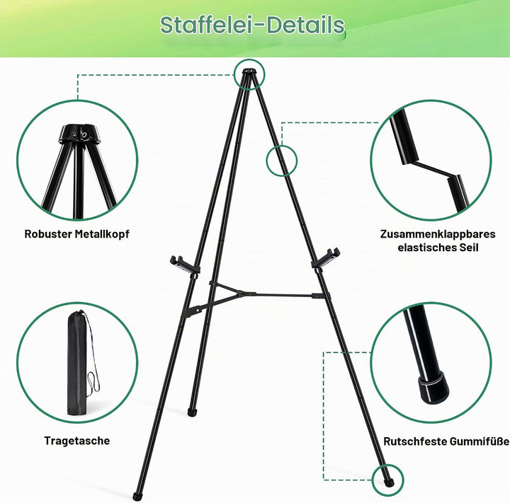 Staffelei – Faltbare Metall Staffelei, Verstellbare Bodenstaffelei mit Sofort Stativ – Leinwandständ