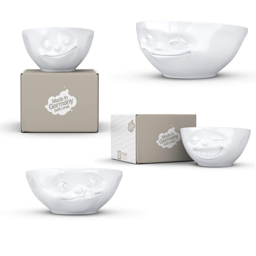 Fiftyeight Müslischalen 4er Set | GRINSEND | GLÜCKLICH | LECKER | LACHEND | weiss | 350 ml