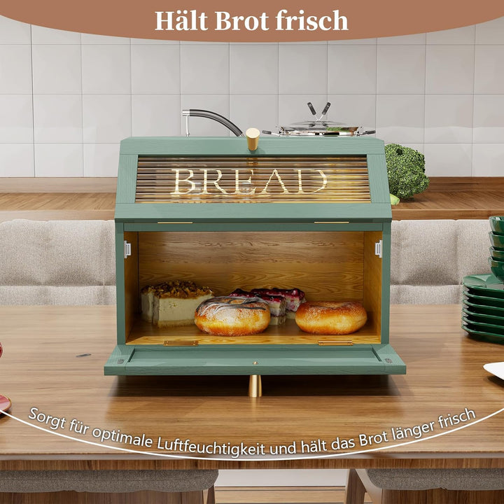 Brotkasten Holz, 2 Etagen Brot Aufbewahrungsbox, Grün Brotkasten Gross Mit Transparentem Fenster Bro
