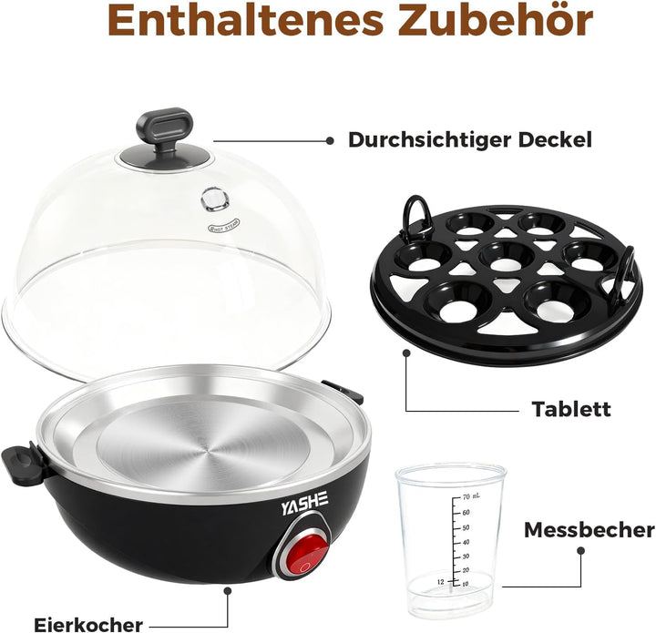 YASHE Eierkocher, elektrischer Eierkocher für 7 Eier für hart, mittel und weich gekochte Eier, mit M
