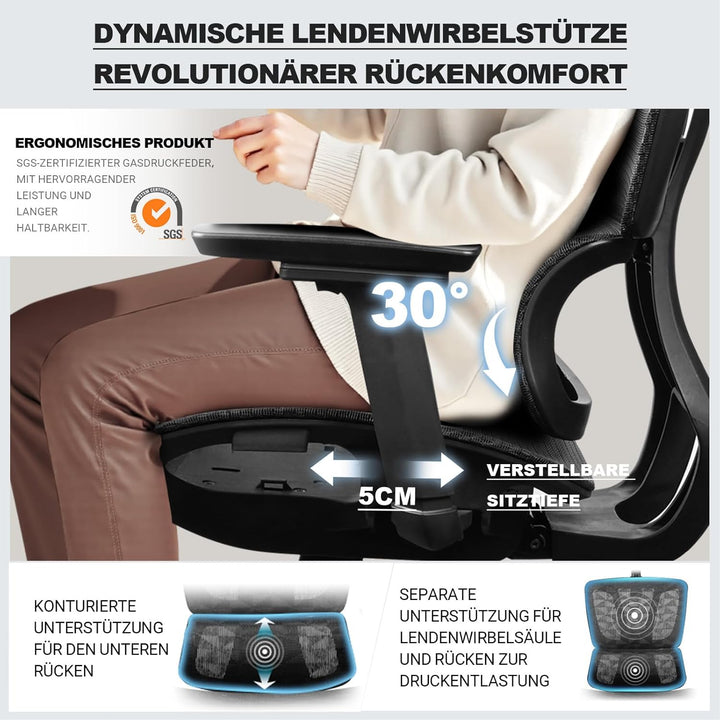 Bürostuhl Ergonomisch, 4D-Armlehnen, Verstellbare Sitztiefe, 4-stufige Neigung, Leise & Leichtgängig