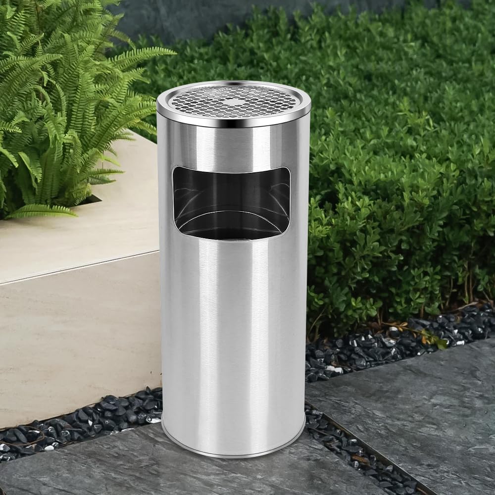 Mülleimer mit Aschenbecher für den Aussenbereich – Standaschenbecher aus Metall, Silber, 25*25*60cm-