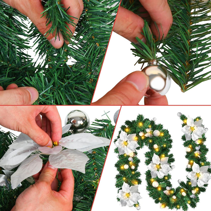 Weihnachtsgirlande mit Beleuchtung, Tannengirlande 270cm Weihnachtstürdekor Künstlich, mit Blumen un