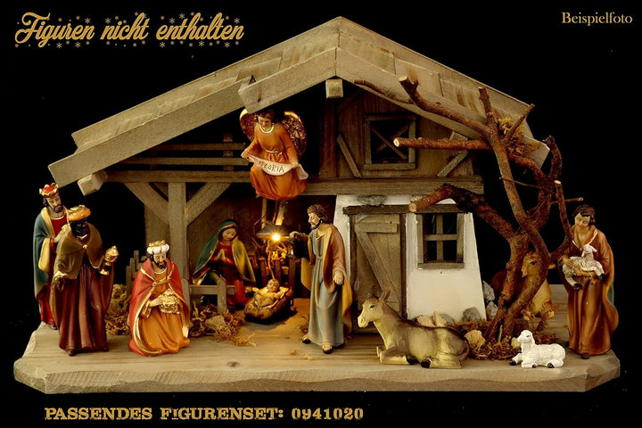 ELLUG Holz Krippenstall, Holzkrippe, Weihnachtskrippe mit Licht 38 * 18 * 21cm (OHNE Krippenfiguren)