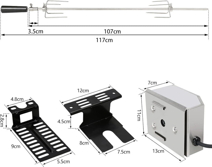 Grillspiess Set, 107cm Drehspiess mit 2X Fleischnadeln, Grillspiess mit Edelstahl Motor, 220V - 240V