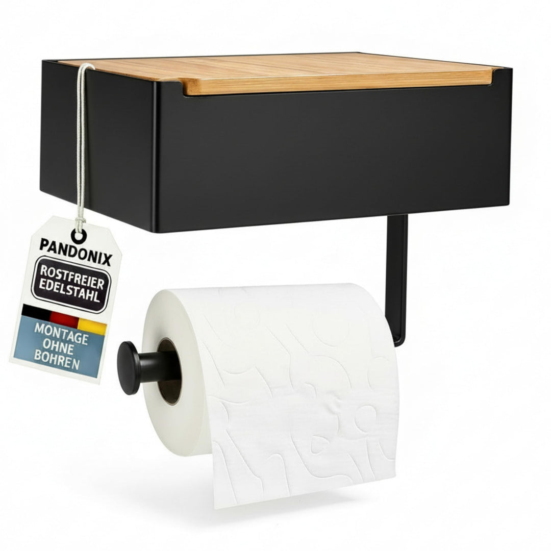 Toilettenpapierhalter mit Feuchttücherbox - Edelstahl & Bambus - Toilettenpapierhalter ohne Bohren -