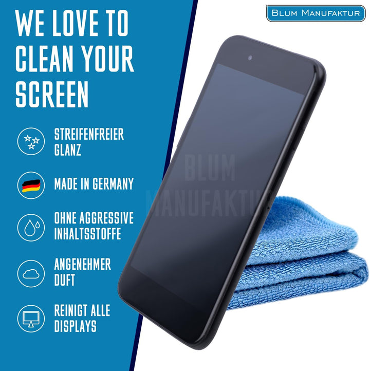 Blum Manufaktur Bildschirmreiniger 2 x 250 ml + 30x30 cm Mikrofasertuch supersoft 365GSM - Screen Cl