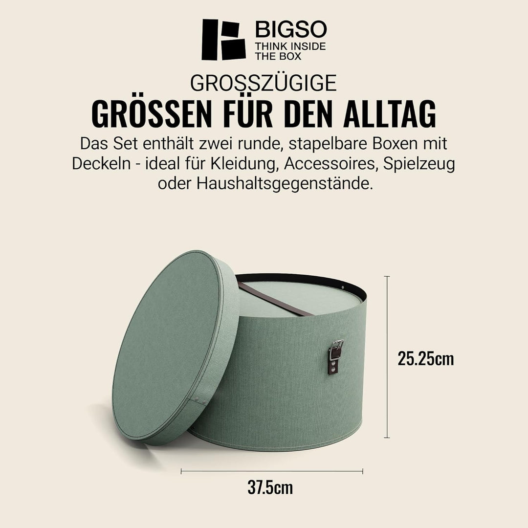 BIGSO RUT 2er-Set Aufbewahrungsbox mit Deckel – runde Ordnungsbox mit Lederriemen – grosse und klein