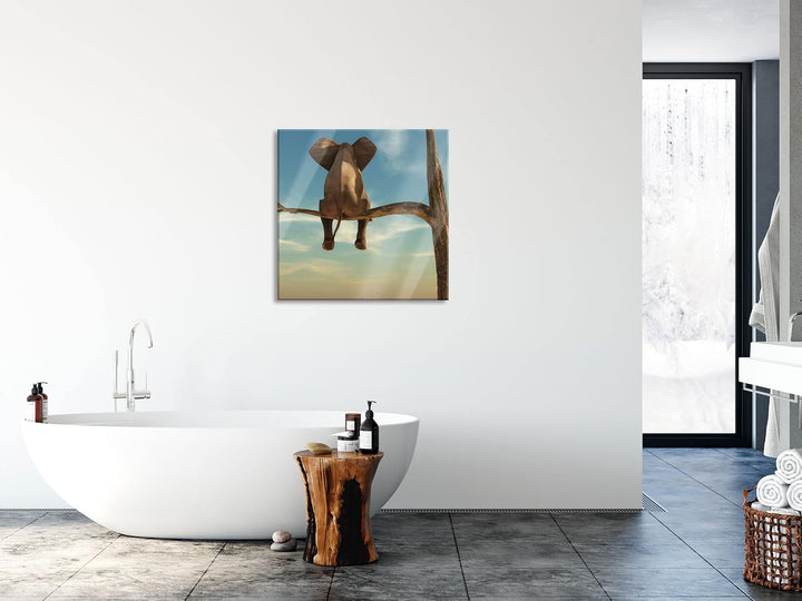 Pixxprint Glasbild | Wandbild auf Echtglas | Elefant auf einem Ast in der Wüste | 70x70 cm | inkl. A