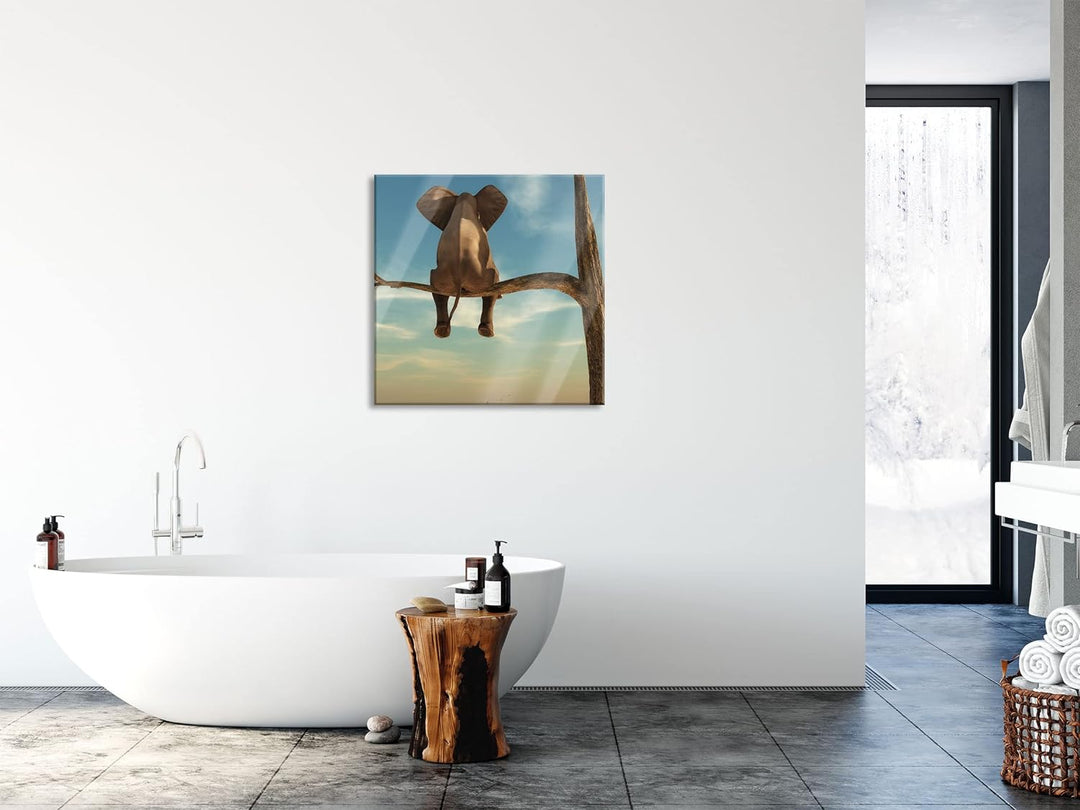 Pixxprint Glasbild | Wandbild auf Echtglas | Elefant auf einem Ast in der Wüste | 80x80 cm | inkl. A