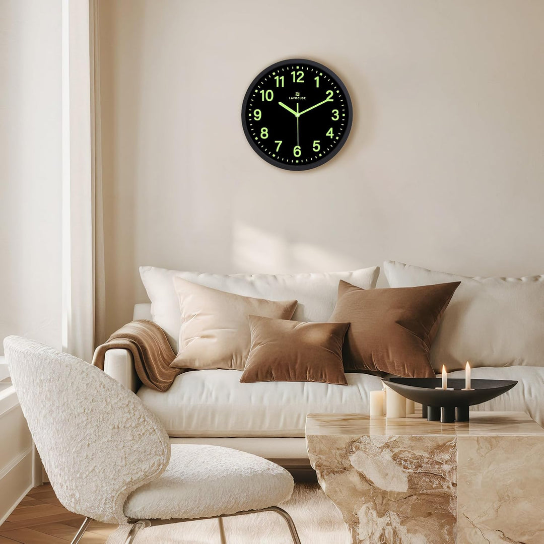 Lafocuse 30cm Leuchtend Wanduhr Schwarz Ohne TickgeräUsche Lautlos, Nachtlicht Wanduhren Modern Einf