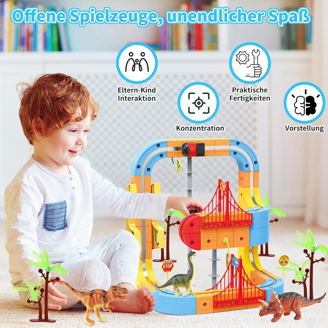 Clickrail Electric Train Set Flexible Race Track, Block Zug mit Dinosaurierspielzeug/Kokospalme/Aufk