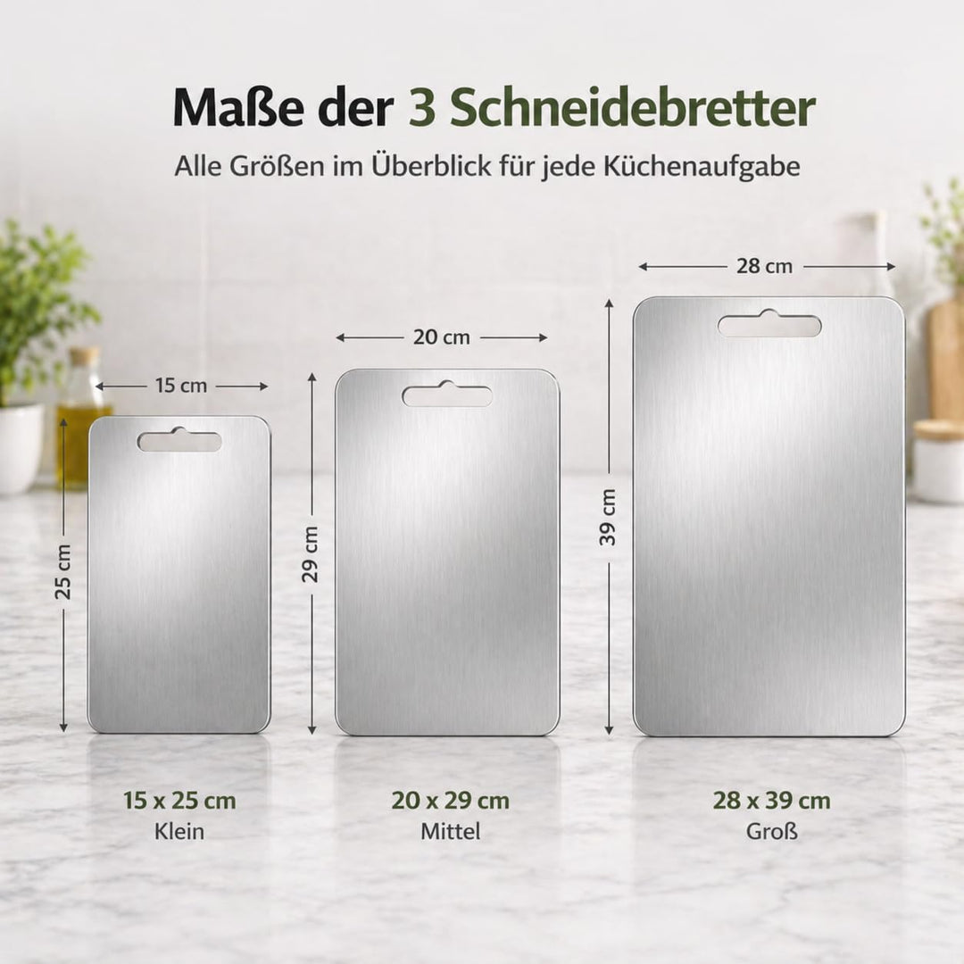 3 PCS Titan Edelstahl Schneidebrett Set multifunktionales Metall Küchenbrett, beidseitig nutzbar hyg