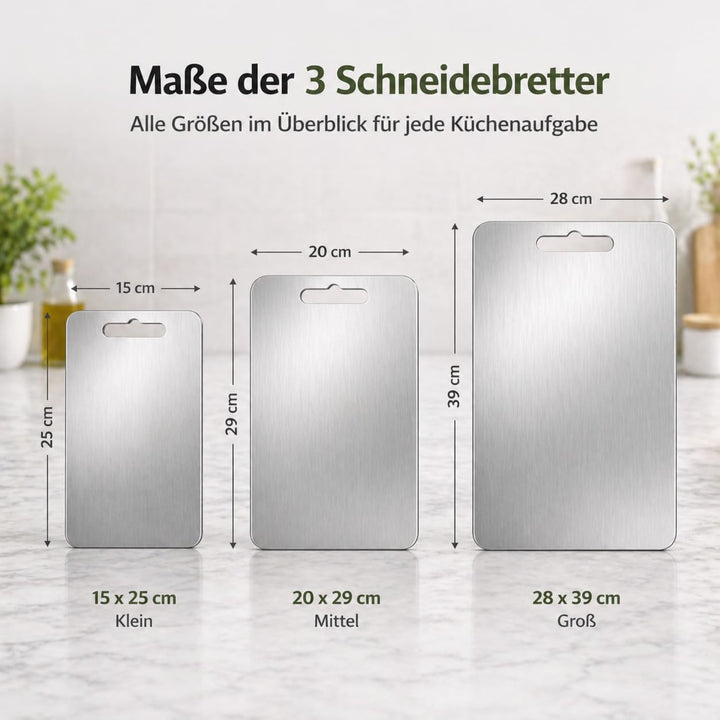 3 PCS Titan Edelstahl Schneidebrett Set multifunktionales Metall Küchenbrett, beidseitig nutzbar hyg