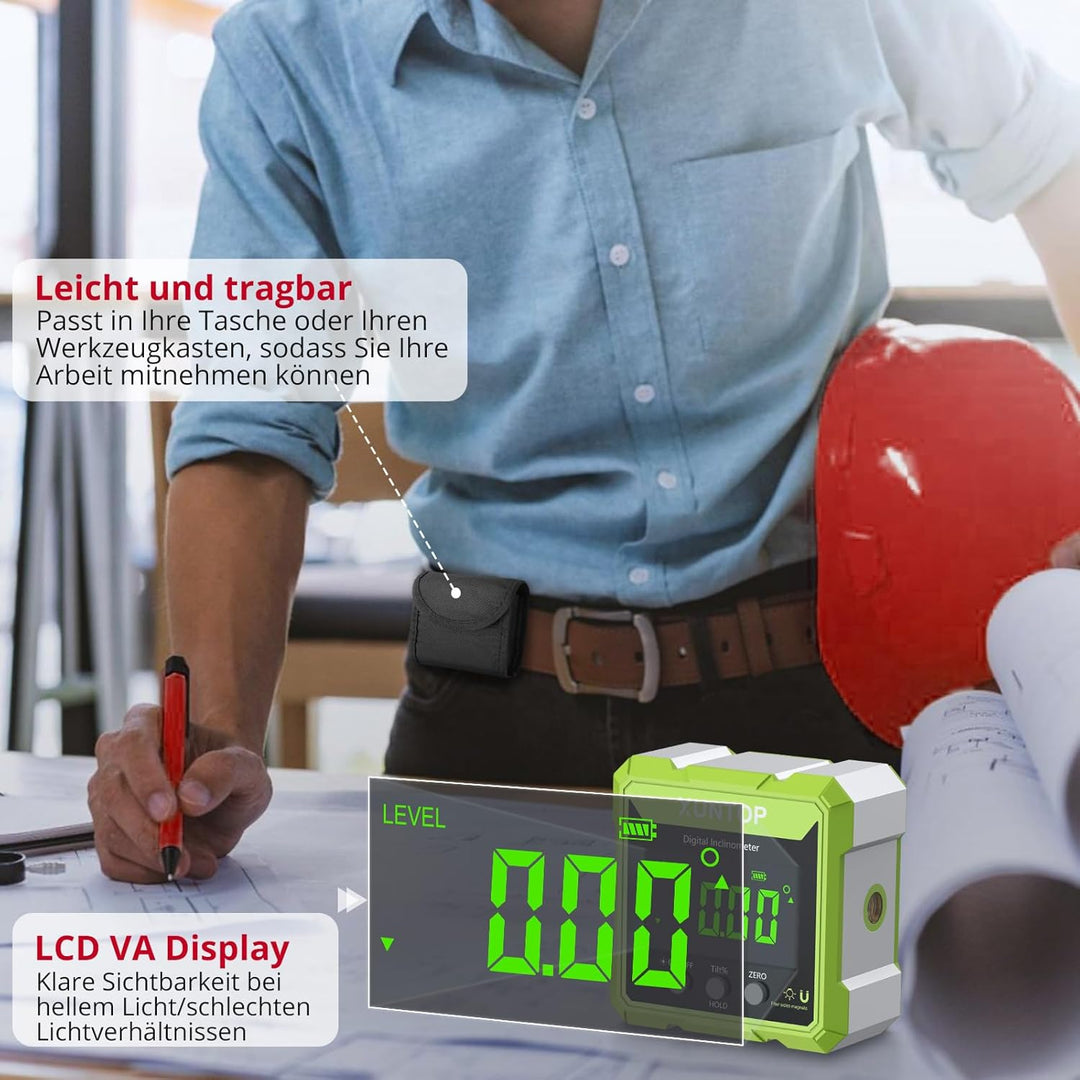 XUNTOP Digitaler Winkelmesser Neigungsmesser Grün Laser Wasserwaage mit LCD Display, Type-C Schnitts