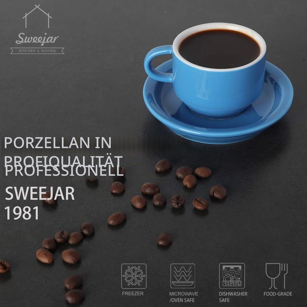 Sweejar Porzellan-Espresso-Tassen und Untertasse, stapelbar, mit Metallständer, 70 ml für Latte, Kaf
