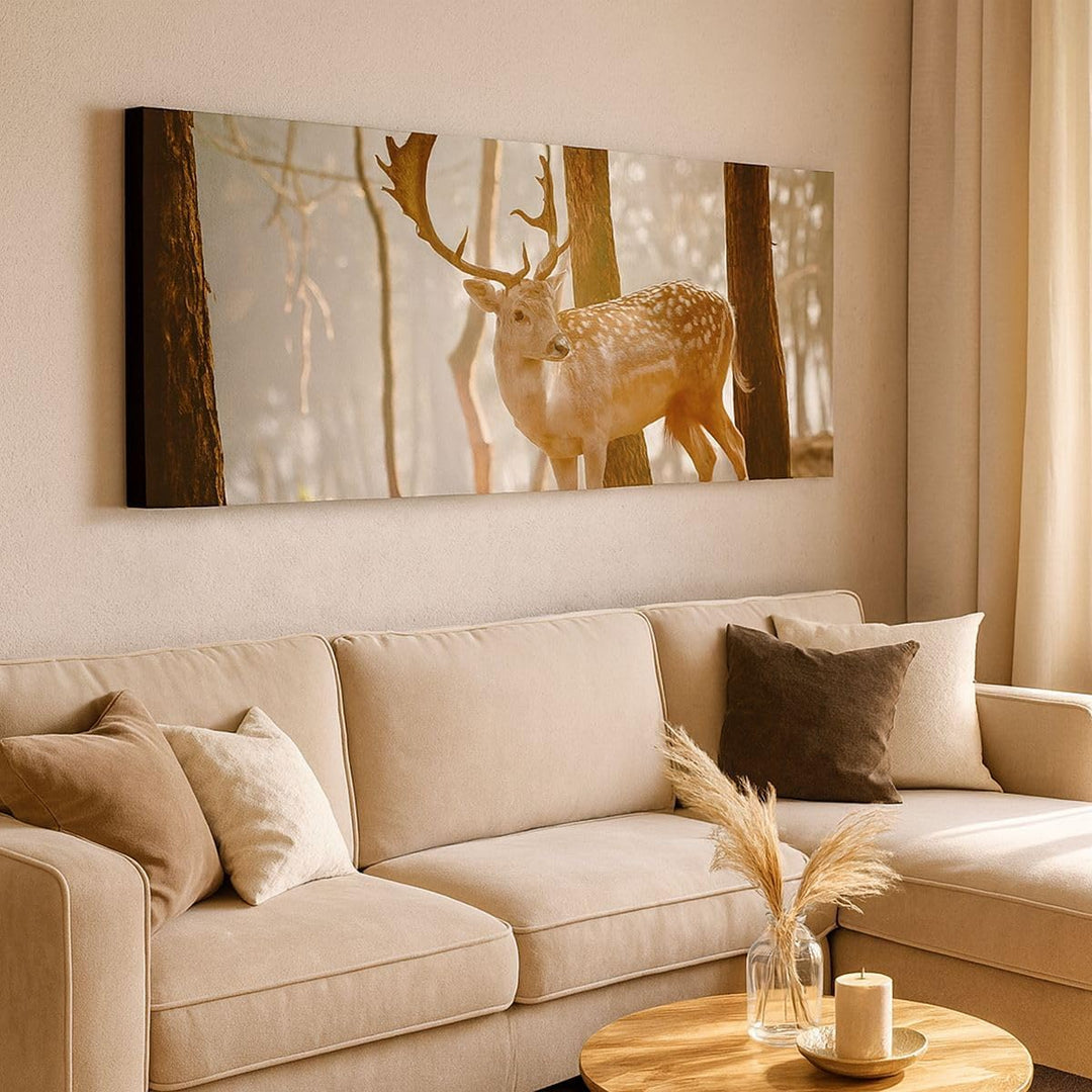 Wandbilder Dekoration Wohnzimmer Kitz Hirsch Tier wild Panorama Bilder auf Leinwand 120x50cm Leinwan