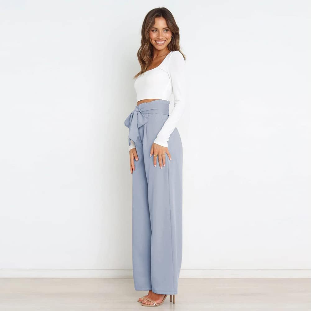 Odizli Damen Elegant High Waist Lang Weite Hose Sommer Business Festlich Anzughose mit Gürtel L Blau