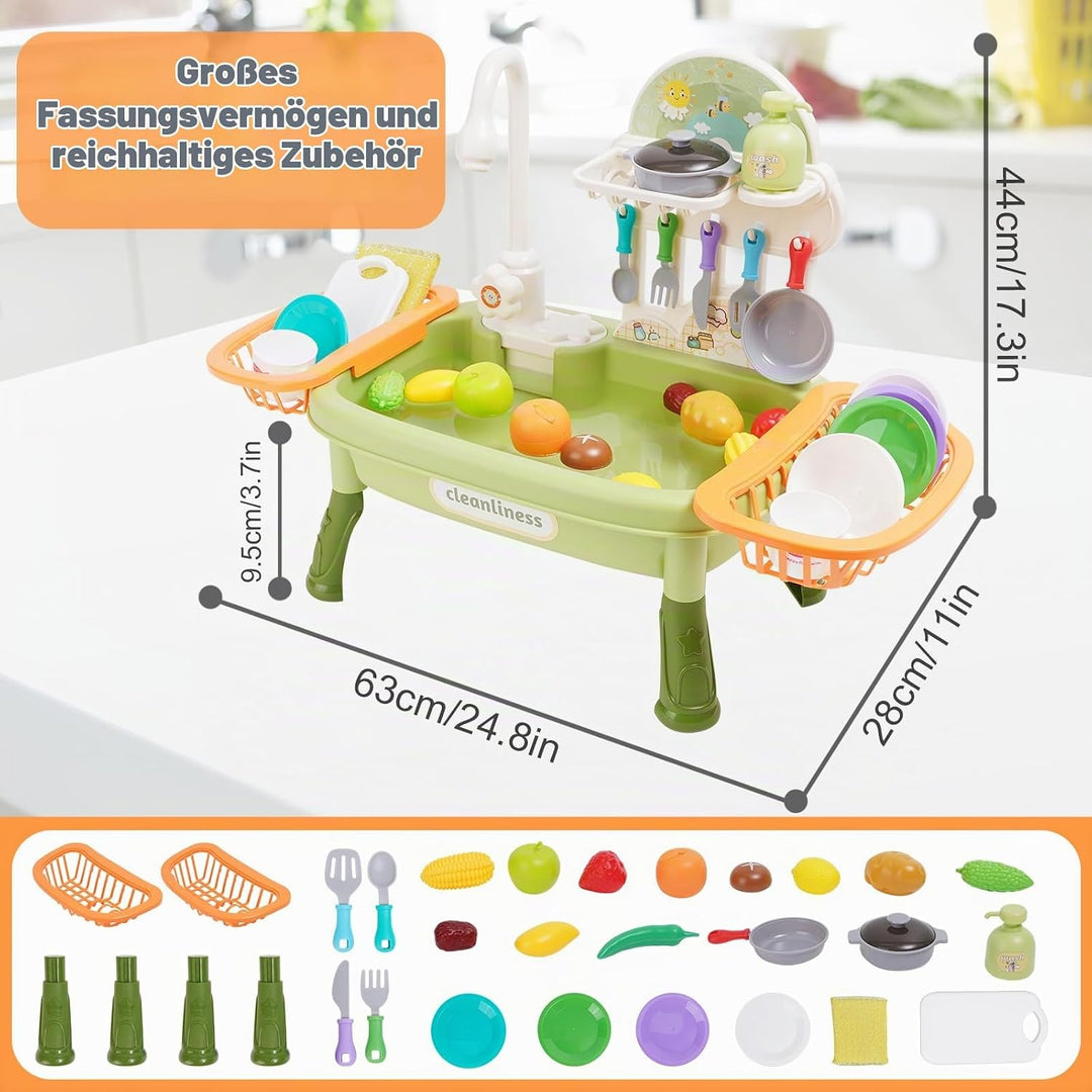 Kinder Spielküche mit Spülbecken,Wasserhahn,Geschirr und Zubehör,Küchenspüle Spielzeug Set mit Wasse