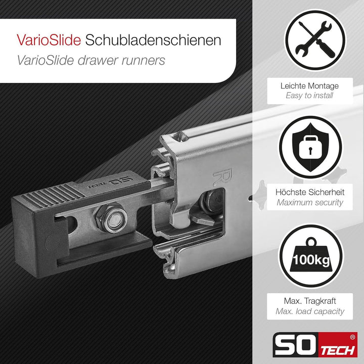 1 Paar SOTECH Schwerlastauszüge VarioSlide KV2-100-H53-L350-EH 350 mm mit Lock-in/out Einrastfunktio