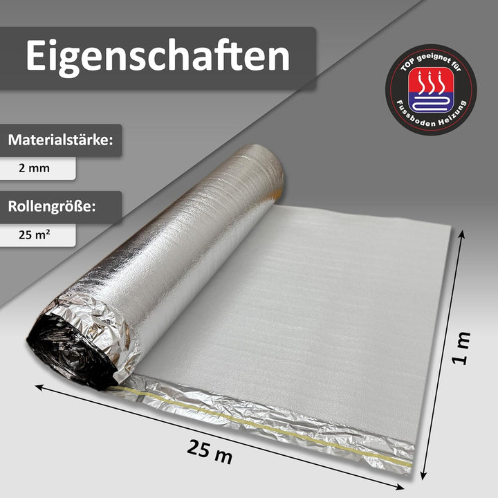 25 m² | uficell Trittschalldämmung ALU PLUS 2 mm Stark | Akustik Tritt- und Gehschalldämmung für Lam