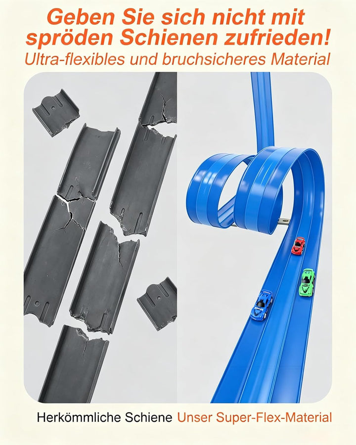 Flexible 3-Spur-Rennbahn für Kinder, 5 m lange aufrollbare Rennbahn mit 6 Autos, batterieloses Set o