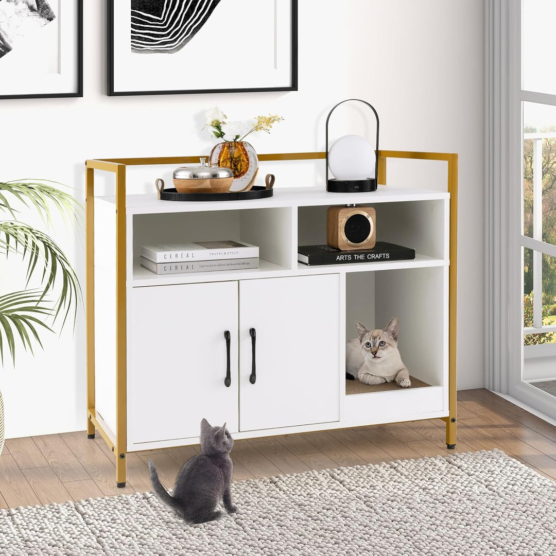 COSTWAY Katzenschrank Katzentoilette mit Doppeltüren &amp; Kratzunterlage, Katzenhaus mit offenem Regal