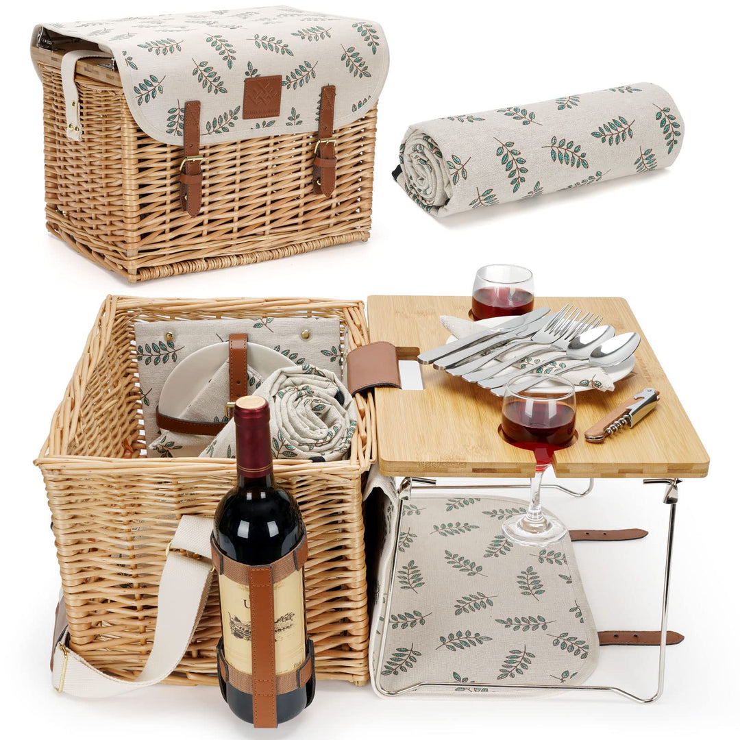 Picknickkorb mit Tisch, Picknickkorb Set für 2, Weidenkorb mit Weinhalter, Weidenkorb Picknick-Set m