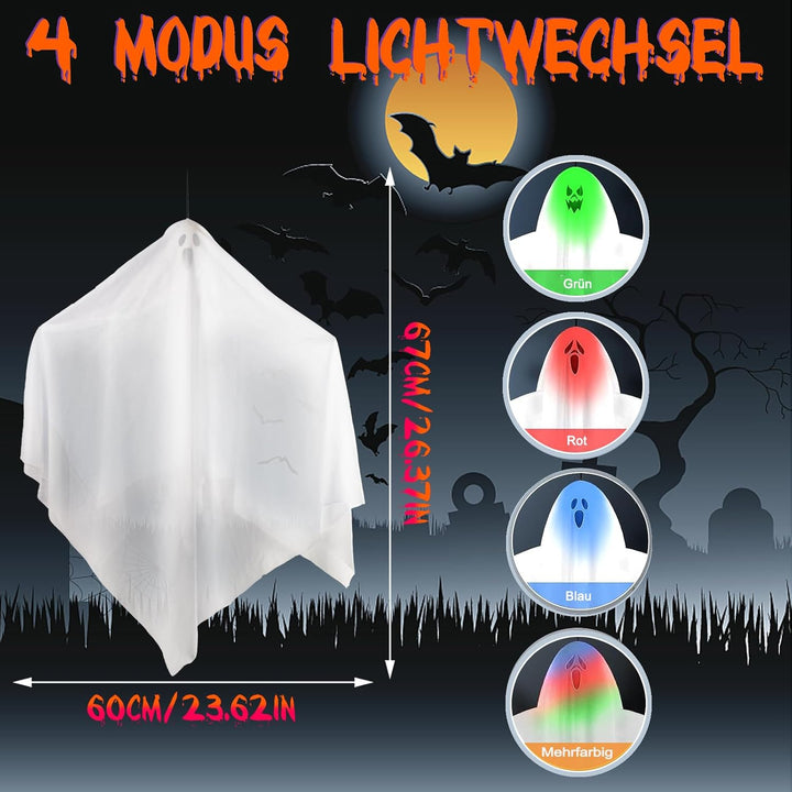 3 Stück Halloween Hängende Geister Deko, 67CM niedliche Leuchtend Gespenster fliegenden Geister, Hal