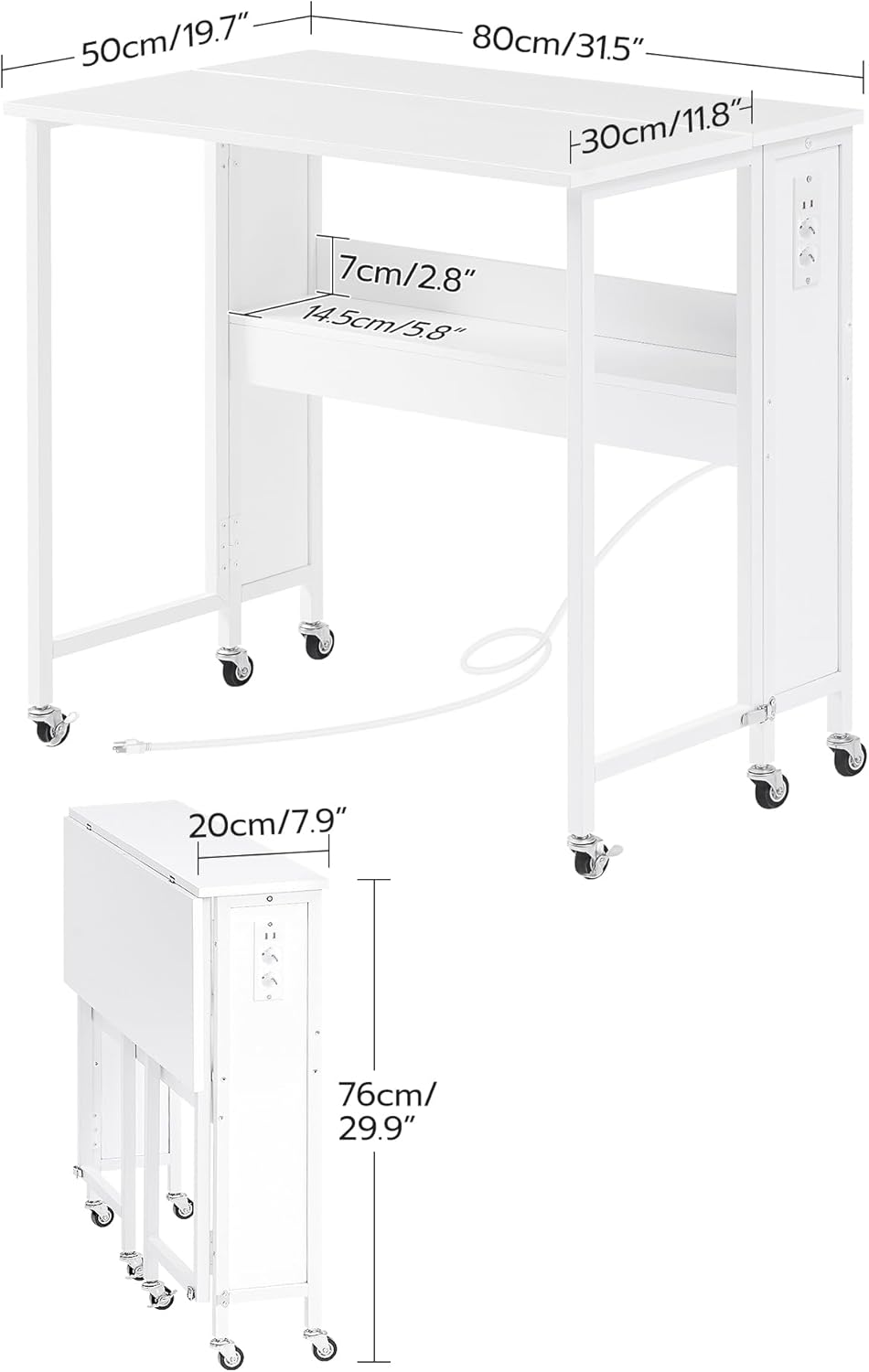 Klappbarer Computertisch mit Rollen, Kleiner Klapptisch mit Ladestation, 80 cm klappbarer Schreibtis