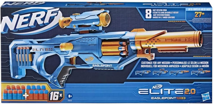Nerf Elite 2.0 Eaglepoint RD-8 Blaster, 8-Dart Trommel, Abnehmbares Fernrohr und Abnehmbarer Lauf, 1