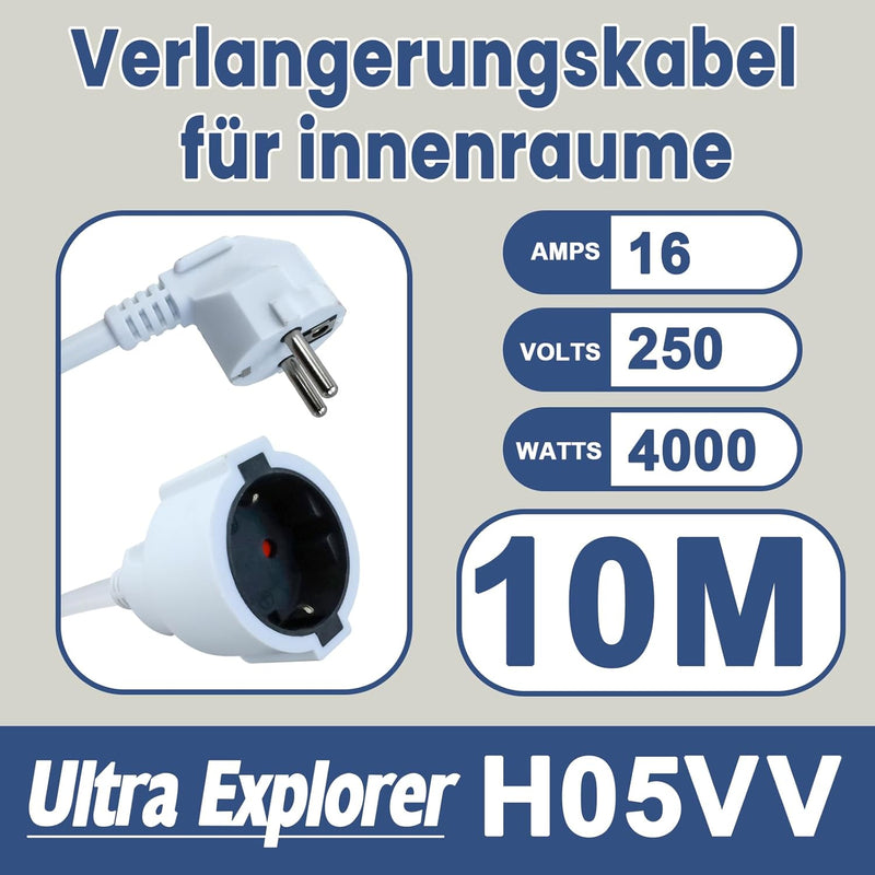 Verlängerungskabel 10m Kabel Überspannungsschutz - IP44 Wasserdicht Innen Verlängerungskabel - Isoli