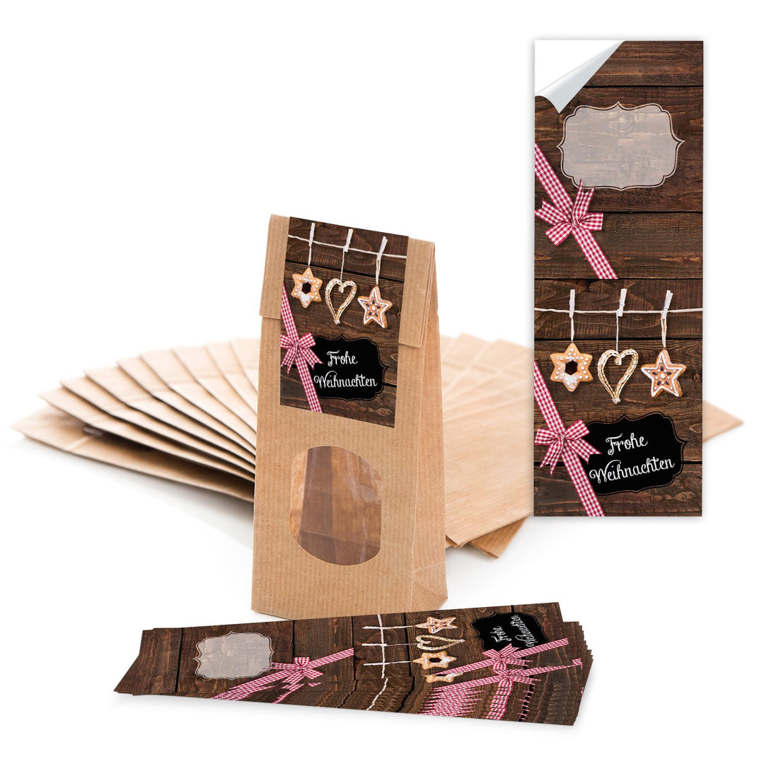Logbuch-Verlag 100 braune Papiertüten mit Fenster 7 x 4 x 20,5 cm + 100 Aufkleber Frohe Weihnachten